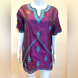 NEW Ethnic Embroidered Tunic Top – Purple w/Blue Floral Detail, Size 38 - Medium